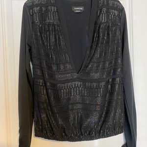 Bebe Black low-cut glitter long sleeve top. Size small.